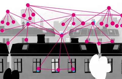 Dächer von Häusern die mit roten Punkten und Linien miteinander verbunden sind um das Mesh-Netz zu symbolisieren