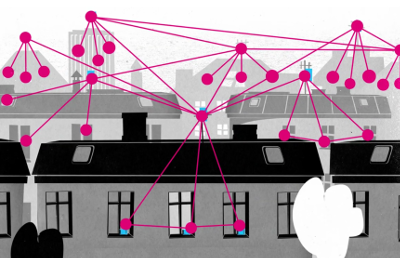Roofs of houses connected with red dots and lines to symbolize the mesh network